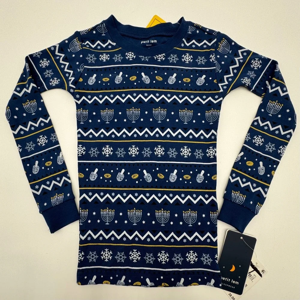 NEW Petit Lem Sleep Kids Pajamas Set Size 5 Blue Hanukkah Menorah Organic Cotton